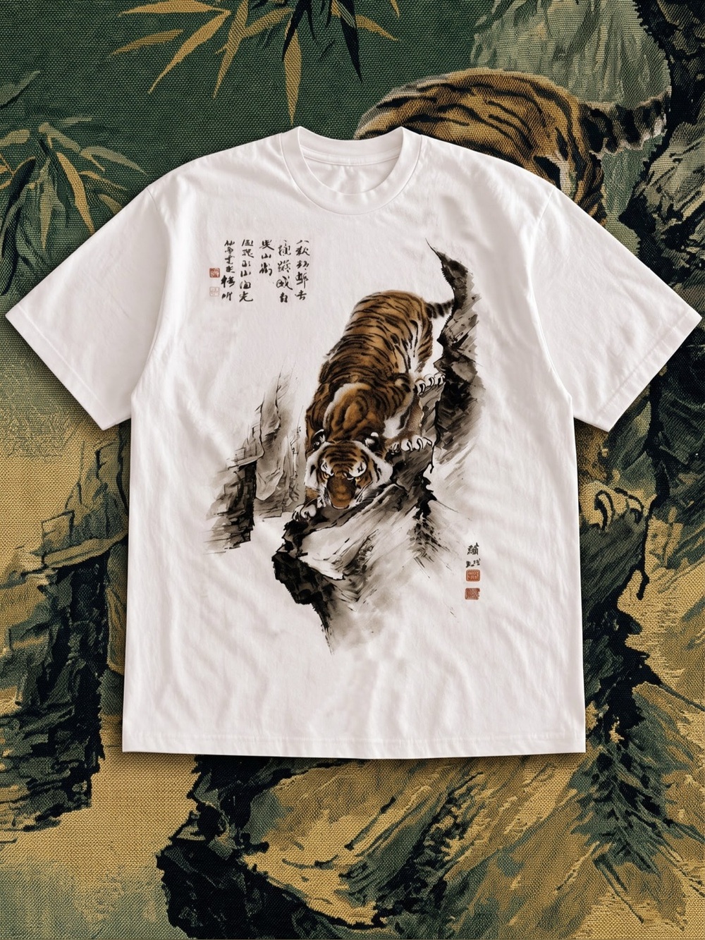 Vintage Style Japanese Ink Painting Tiger Graphic Tee | Gildan White T-Shirt